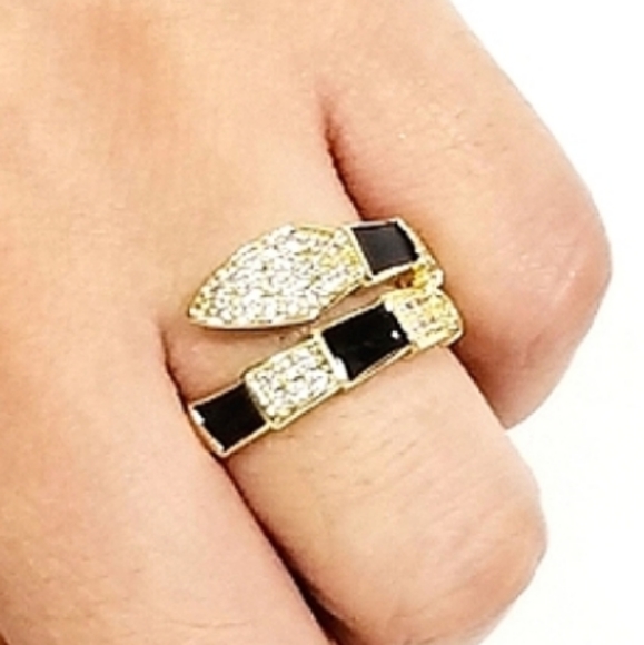 Snake Stackable Women's Ring.  Black. 14K Gold Plated. New - Picture 1 of 12